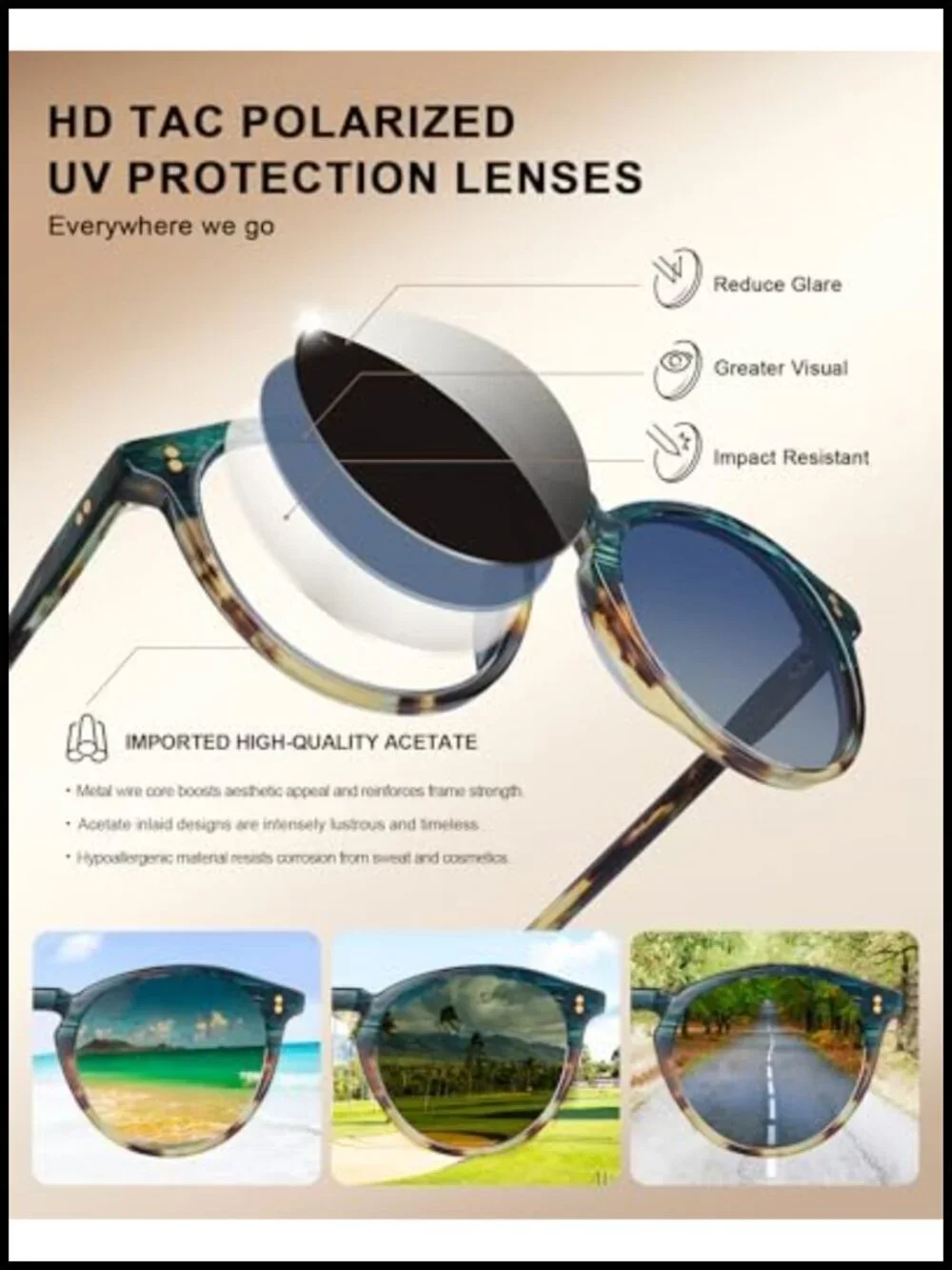 Round Acetate Polarized Sunglasses UV Protection